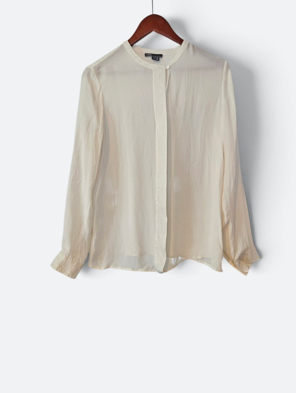 Vince 100% Silk Chiffon Flowy Relaxed Fit Cream Button Up Band Collar Blouse 10